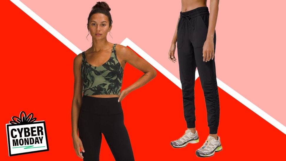 Collage of lululemon tops and leggings against a red/pink background