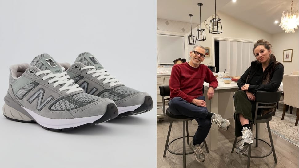 Pair of grey New Balance 990v5 sneakers, father and daughter sitting together at table in a pair of NB 990v5 sneakers.