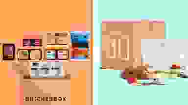 A ButcherBox delivery with contents on display next to a Home Chef delivery box in front of colored backgrounds.