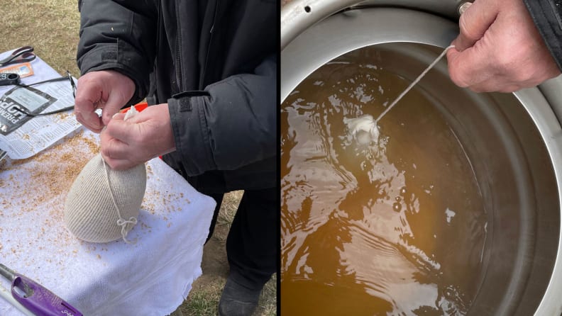 A side-by-side composite of two images. The left half depicts my dad tying the grain bag off, and there's grain spilled all around it on the table. The right half depicts him steeping the bag in the boiling water, which has now turned caramel in color.