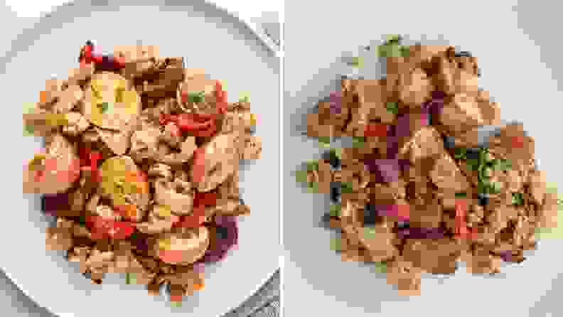 On left, RealEats photo of Hearty Roasted Breakfast Hash shot from above. On right, Reviewed's photo of the same product from the same angle.