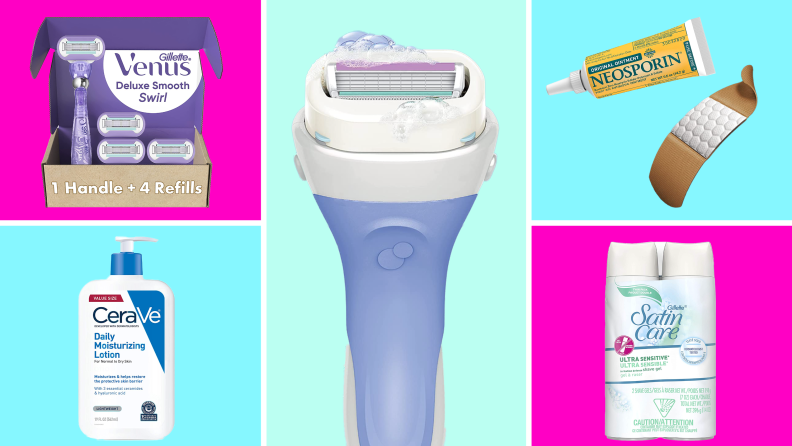 Product shots of the Gillette Venus Deluxe Smooth Swirl razor, a bottle of CeraVe Daily Moisturizing Lotion, the Schick Intuition Razor, a bandaid, a tube of Neosporin Original Antibiotic Ointment and two cans of Gillette Satin Care Ultra Sensitive Shave Gel.