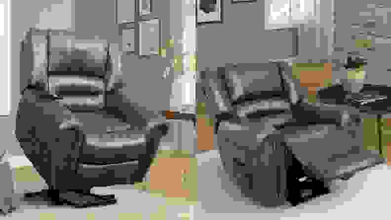 Gray leather chair in elevated position in living room setting. Gray leather chair extended outward in living room setting.