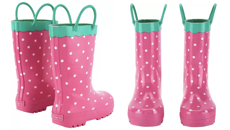 Pink and green toddler rain boots