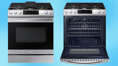 Samsung oven range opened to display inside of appliance.