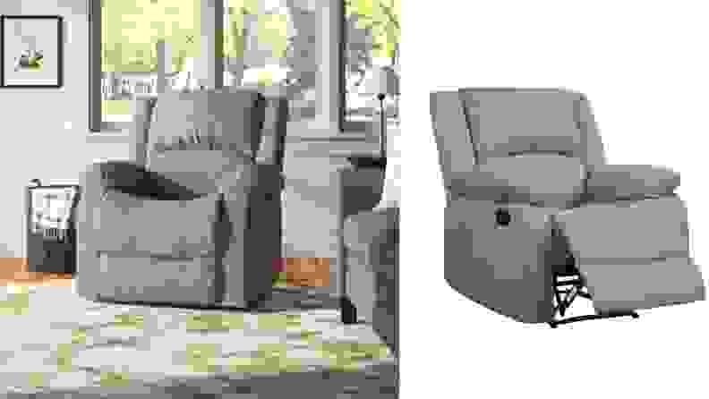 The Ebern Designs Sanie recliner in beige. It's a side-by-side image: one image shows the chair in a living room, the other shows it reclined on a white background