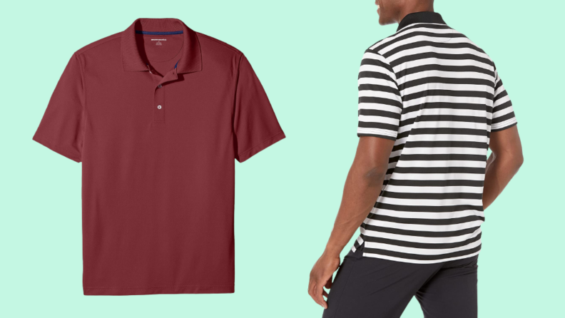 Flat lay of a red polo shirt and another seen in black and white stripes.