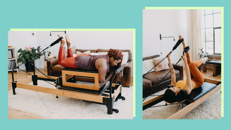 Two images of different people working out on the Flexia reformer.