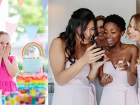 A little girl celebrating her birthday and four bridesmaids looking at a smartphone.