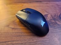 Looking at a black mouse with the corsair logo on it