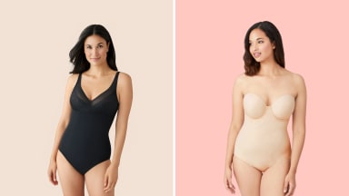 Side-by-side image of two women modeling different shapewear bodysuits—one in black with straps, the other in nude with a strapless design—against pastel backgrounds.