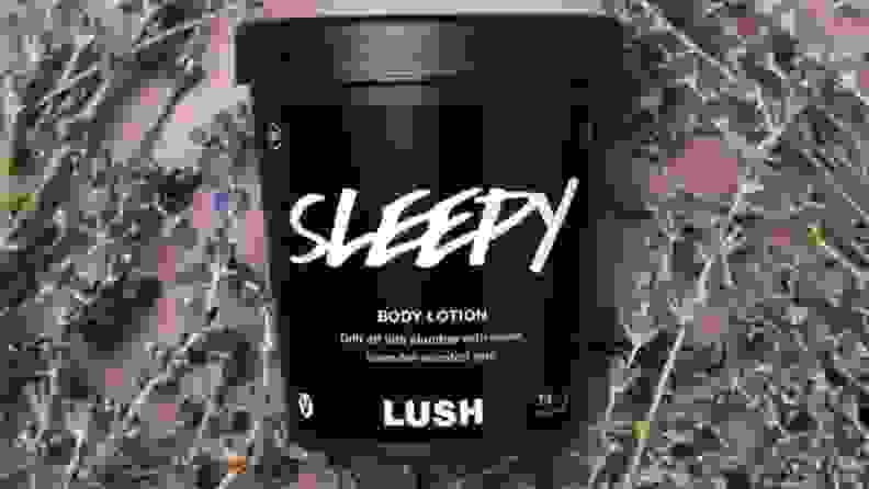 Lush sleepy lotion sits on lavender