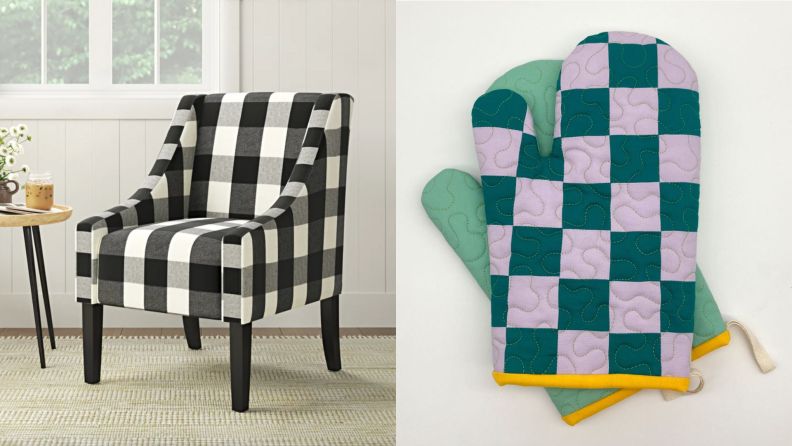 On left, black and white checkerboard pattern on armchair. On right, green and purple oven mitt set.