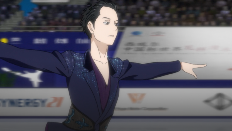 A still from Yuri!!! on Ice featuring Yuri on a skating rink with his skating costume on in the middle of a routine.