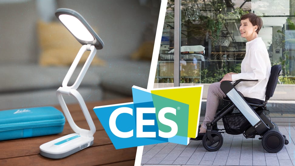 Left: A Lili lamp on a desk; center: CES logo; right: A person using an electric wheelchair