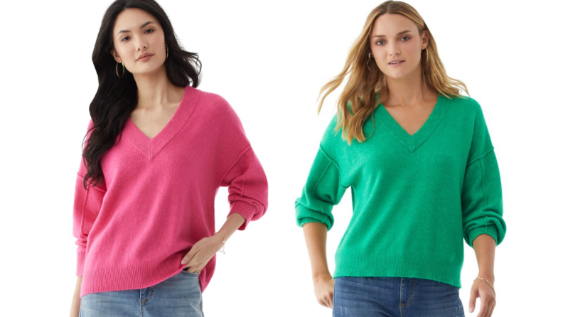 Two images of women wearing the same sweater in different colors, the first in pink and the second in bright green.