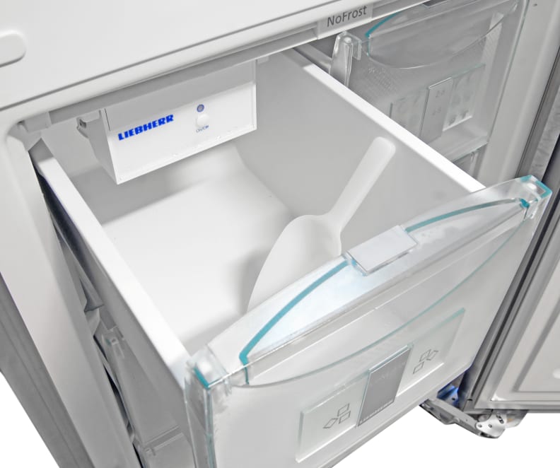 Instead of a separate bucket, the Liebherr CS1360's entire upper left freezer drawer can be used as ice storage—complete with plastic scoop.