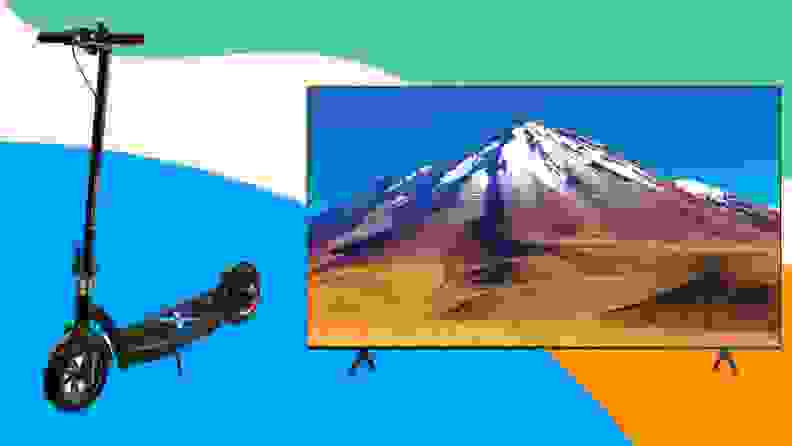 黑色滑板车和一台彩色背景的平板电视