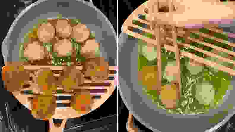 On left, six eggplant patties frying in oil in the Always Pan while six others dry on the attached Fry Deck. On right, a hand attempting to grab one of the patties with chopsticks.