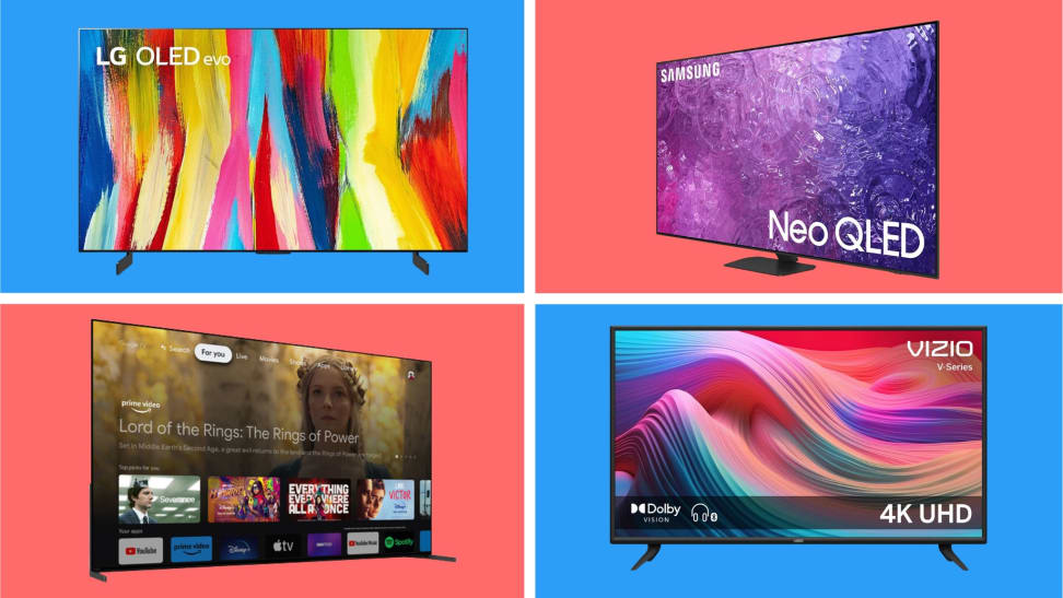 Four TVs in front of colored backgrounds.