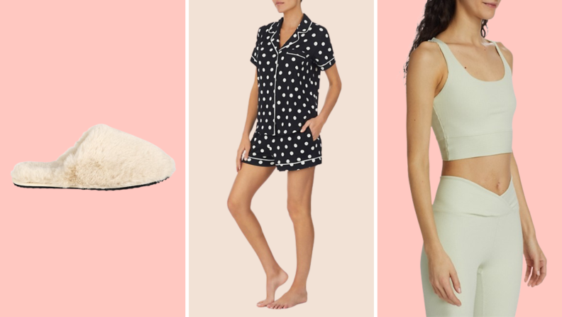 A pair of cream fuzzy slippers, polka dotted pajamas, and a white racerback bra.