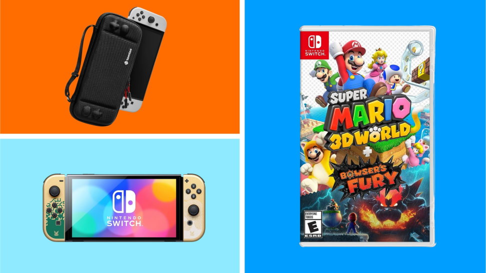 A collection of Nintendo Switch products in front of colored backgrounds.