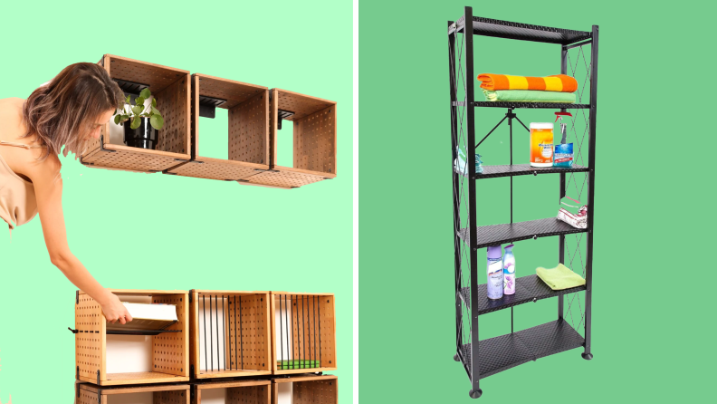 On left, person placing book within the Fillniture Storage Cubes. On right, cleaning products on the shelves of the Origami 6 Tier Classic Stamped Metal Storage Shelves.
