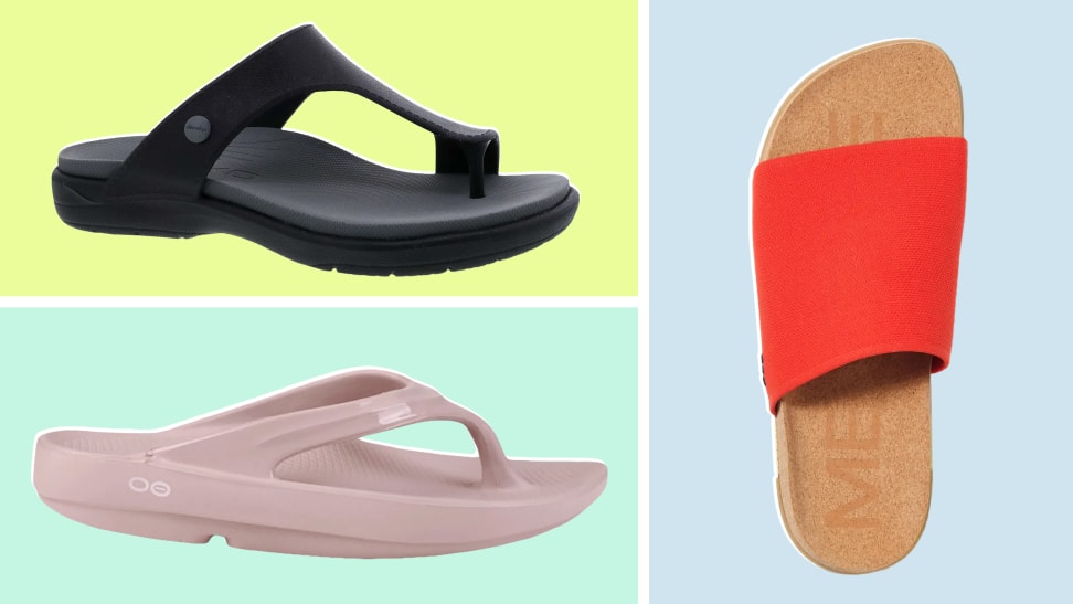 The Oofos, Dansko, and Message brand sandals side-by-side.