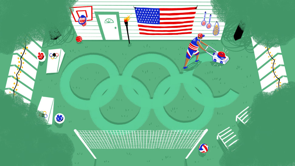 illustration showing olympic rings being made on grass with a lawnmower.