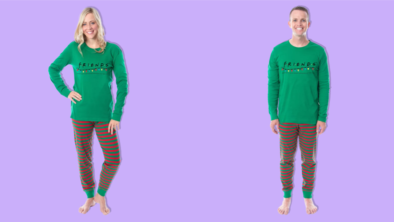 A woman and a man wearing the INTIMO Friends the TV Series Christmas Lights holiday matching pajama set on a purple background.