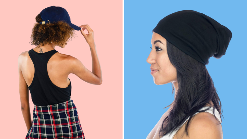 A baseball cap and a black beanie.