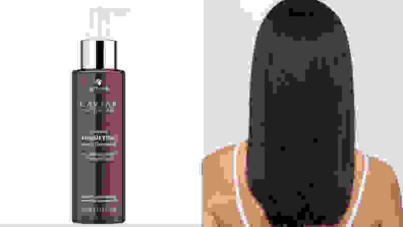 On the left: A purple pump bottle from Alterna. On the right: The back of a person's head with long, dark brown hair that looks shiny and straight.