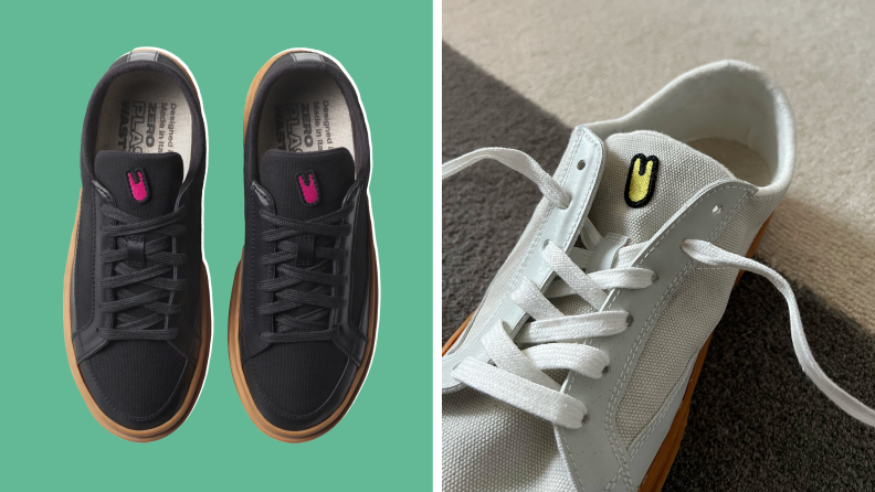 Collage of The Degenerate Sneaker seen from a top view against a green background, and a close-up of the brand logo on the tongue of the shoe.