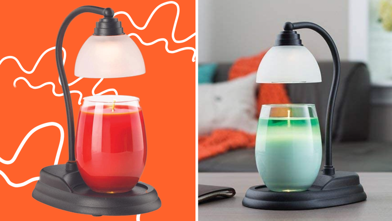 On right, product shot of the Aurora Candle Warmer Lamp. On right, candle sitting inside of Aurora Candle Warmer Lamp inside of home.