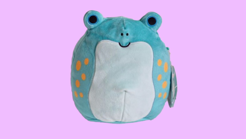 Product shot of Delaney the Frog plush Squishmallow toy.