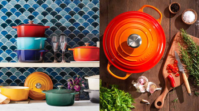 Left: Two kitchen shelves holding a selection of different color Le Creuset Dutch ovens. Right: An orange Le Creuset Dutch Oven on a cutting board.