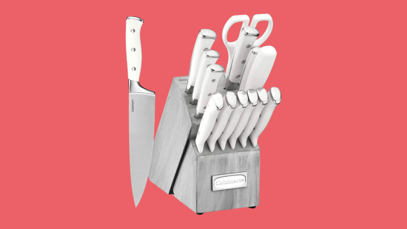 grey and white knife set and block