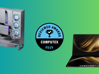 A desktop computer and a laptop sit on a green background with a round blue award badge in the center