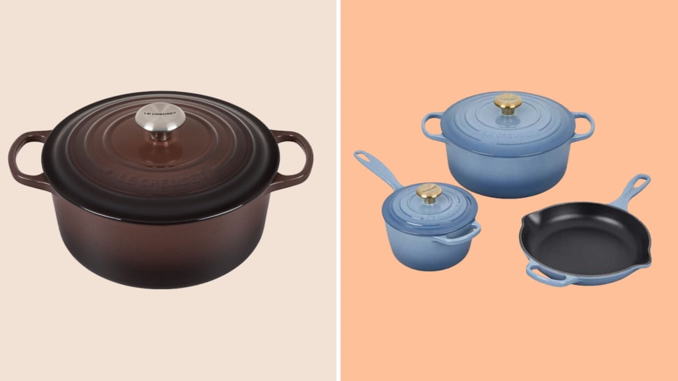 A Le Creuset Dutch oven and more on a colorful background.