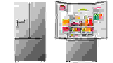Two Hisense HRF254N6TSE fridges side by side. On the left, its doors are closed. On the right, its two main doors are open, revealing the interior of the refrigeration compartment, which is fully stocked with food.