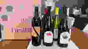 Six bottles of wine (a variety of whites, reds, and rosé) in front of Firstleaf box.