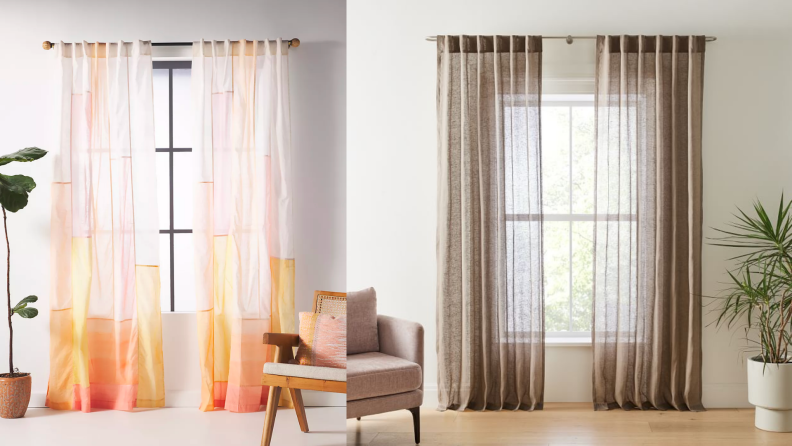 Close up of two pairs of curtains in living rooms.
