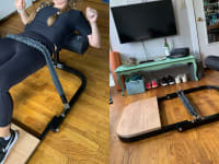 left: woman using bootysprout exercise machine. right: bootysprout exercise machine