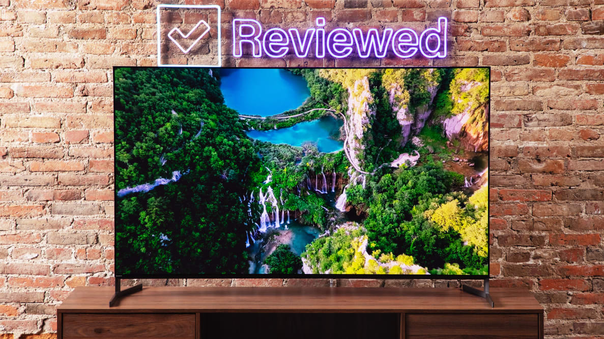 The Sony A95L QD-OLED TV in front of a brick wall displaying a colorful, high-resolution aerial image of a jungle