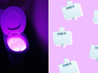 On left, toilet bowl illuminated with purple LED light. On right, five square toilet LED lights.