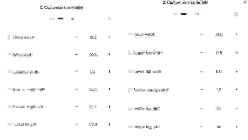 A screenshot of Suitsupply's Custom Made program in which it calculated measurements for an XL jacket and a size 36 pair of trousers.