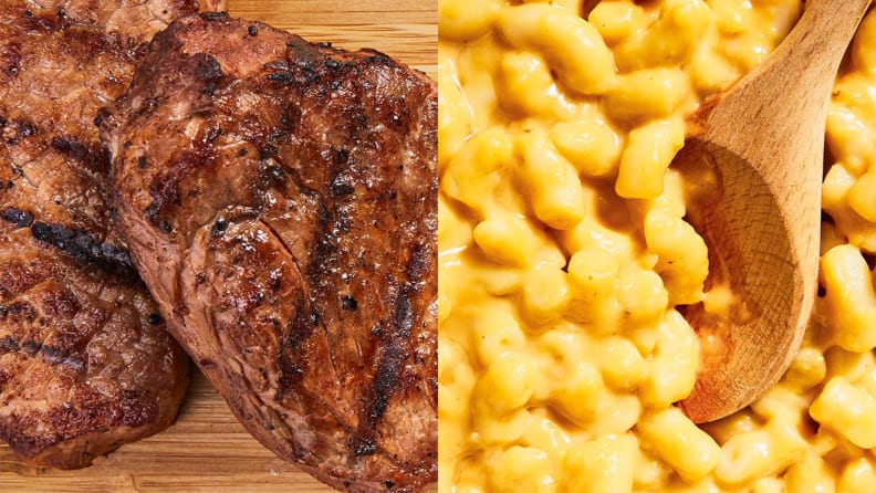 Left: a close-up of steak; right: a close up of a spoon stirring macaroni and cheese