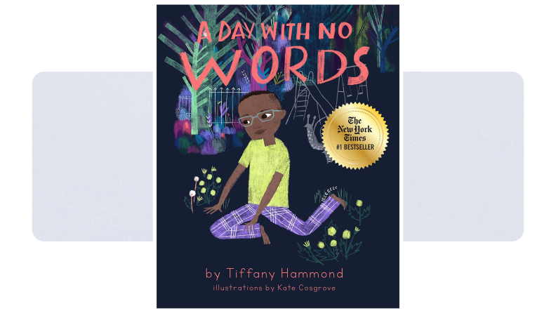 A Day With No Words cover: Illustrated boy sits by himself, with a slide and swing set in the background