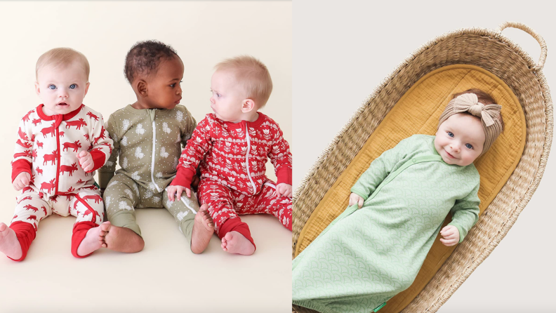 On left, three toddlers sitting together wearing pajamas. On right, baby laying in basket while wearing green onesie.