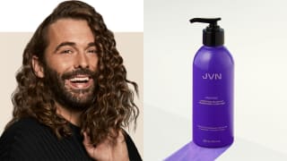 On the left: Jonathan Van Ness smiling at the camera. On the right: A purple bump bottle of shampoo.
